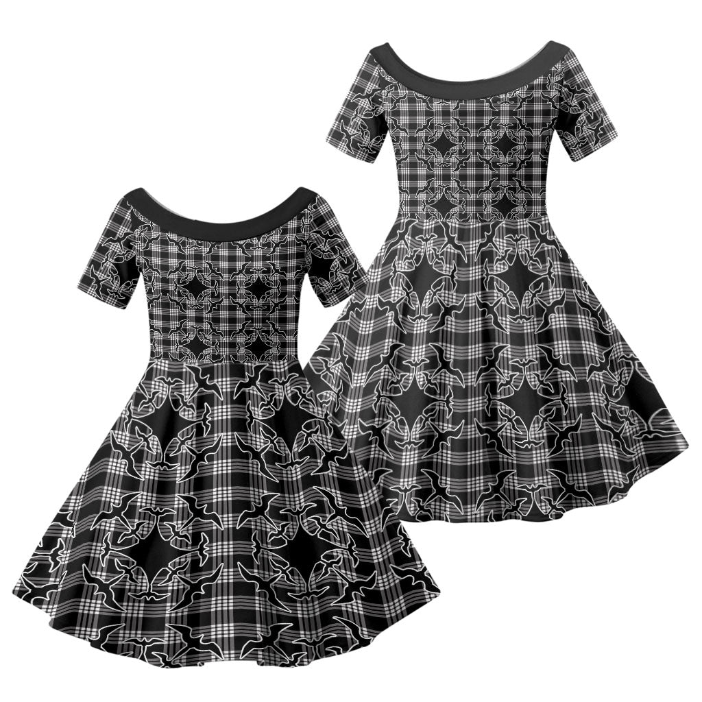 Eleele Hawaii Iwa Bird Palaka Motifs Family Matching Puletasi and Hawaiian Shirt LT14 Daughter's Dress Black - Polynesian Pride