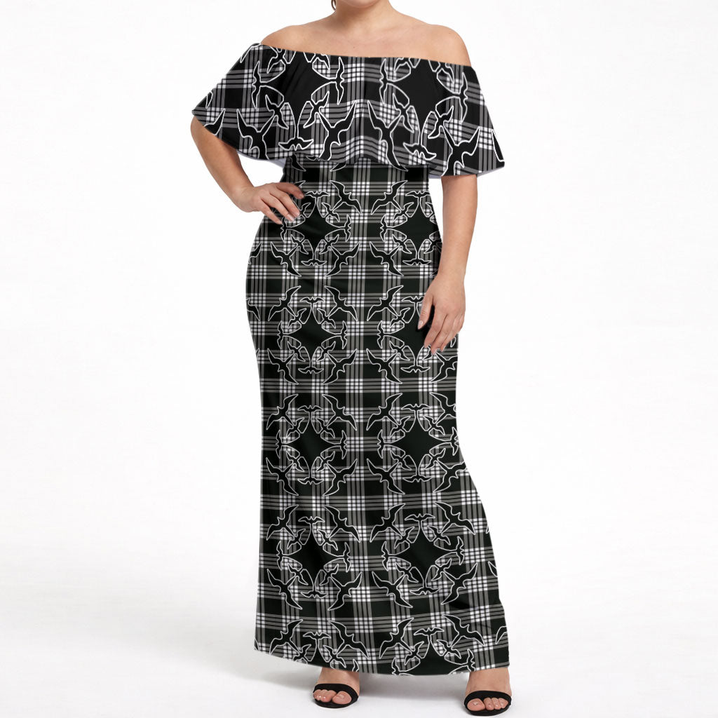 Eleele Hawaii Iwa Bird Palaka Motifs Off Shoulder Maxi Dress