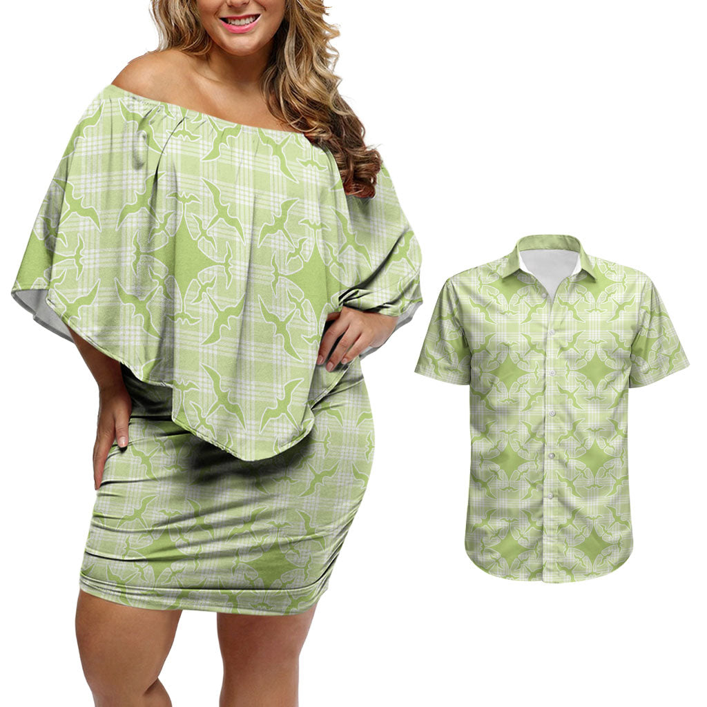 Omaomao Hawaii Iwa Bird Palaka Motifs Couples Matching Off Shoulder Short Dress and Hawaiian Shirt LT14 Green - Polynesian Pride
