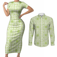 Omaomao Hawaii Iwa Bird Palaka Motifs Couples Matching Short Sleeve Bodycon Dress and Long Sleeve Button Shirt LT14 Green - Polynesian Pride