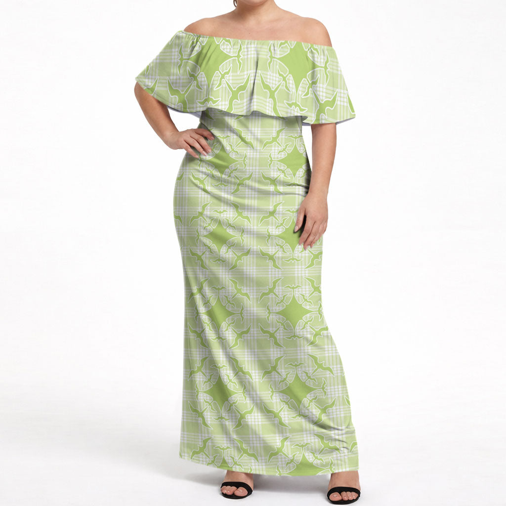 Omaomao Hawaii Iwa Bird Palaka Motifs Off Shoulder Maxi Dress