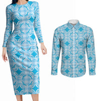 Polu Hawaii Iwa Bird Palaka Motifs Couples Matching Long Sleeve Bodycon Dress and Long Sleeve Button Shirt LT14 Blue - Polynesian Pride