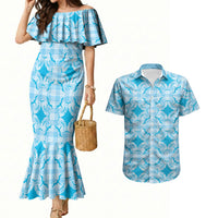 Polu Hawaii Iwa Bird Palaka Motifs Couples Matching Mermaid Dress and Hawaiian Shirt LT14 Blue - Polynesian Pride