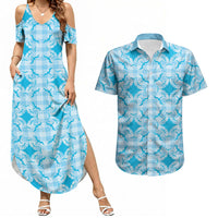 Polu Hawaii Iwa Bird Palaka Motifs Couples Matching Summer Maxi Dress and Hawaiian Shirt LT14 Blue - Polynesian Pride