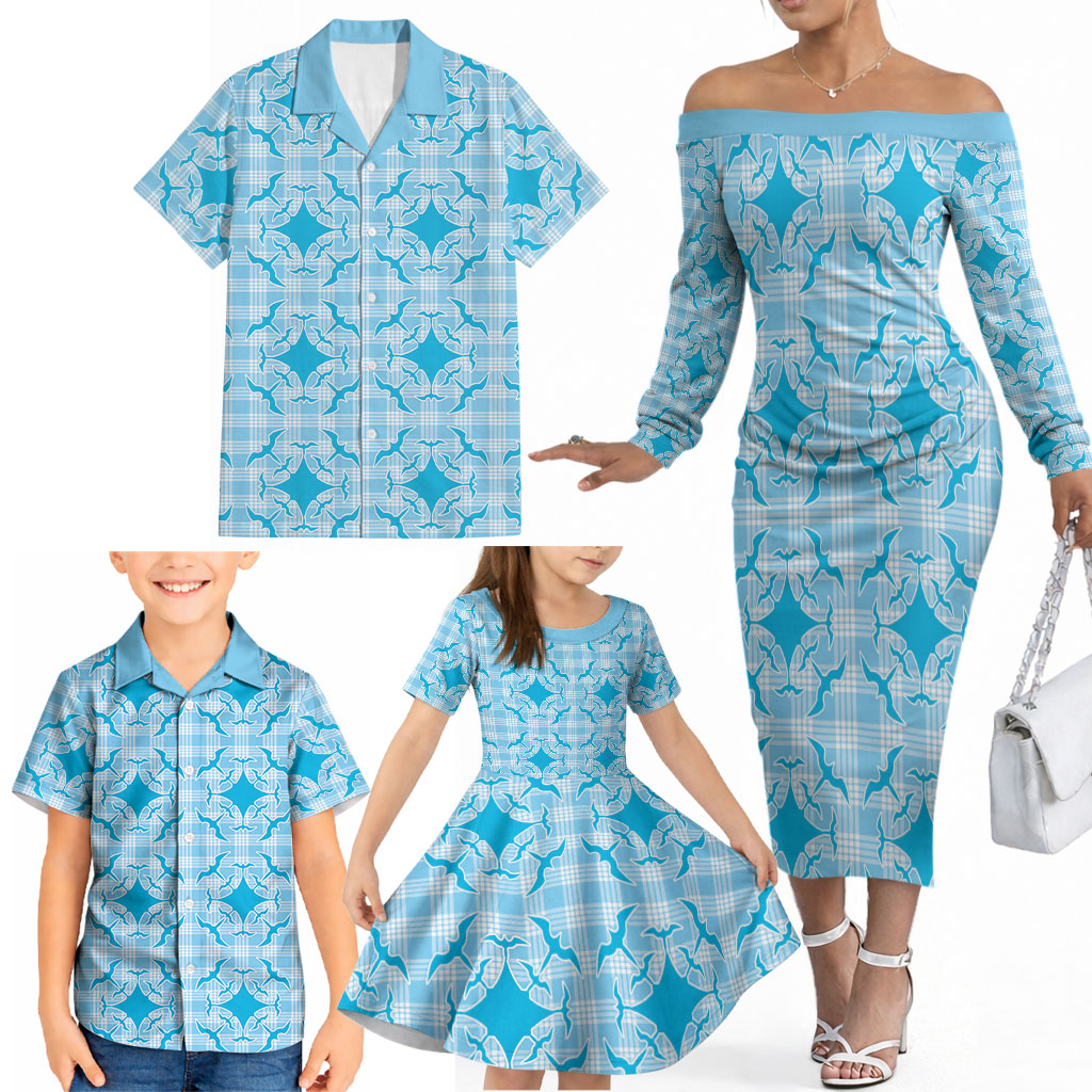 Polu Hawaii Iwa Bird Palaka Motifs Family Matching Off The Shoulder Long Sleeve Dress and Hawaiian Shirt LT14 - Polynesian Pride