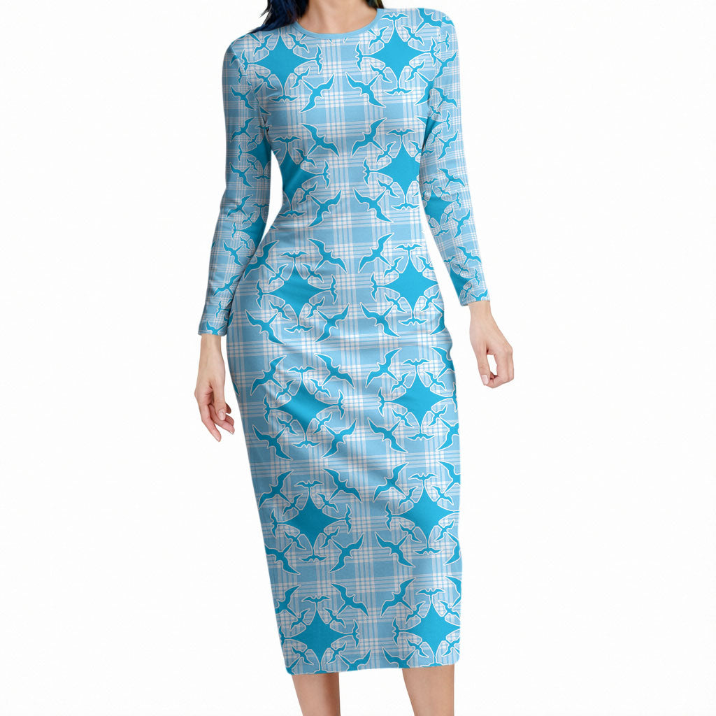 Polu Hawaii Iwa Bird Palaka Motifs Long Sleeve Bodycon Dress LT14 Long Dress Blue - Polynesian Pride