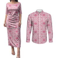 Alaka Hawaii Iwa Bird Palaka Motifs Couples Matching Puletasi and Long Sleeve Button Shirt LT14 Pink - Polynesian Pride
