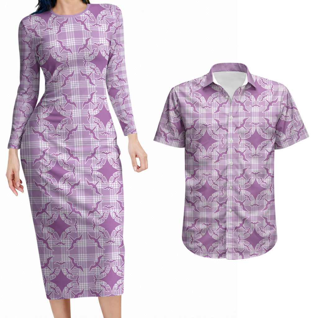 Poni Hawaii Iwa Bird Palaka Motifs Couples Matching Long Sleeve Bodycon Dress and Hawaiian Shirt