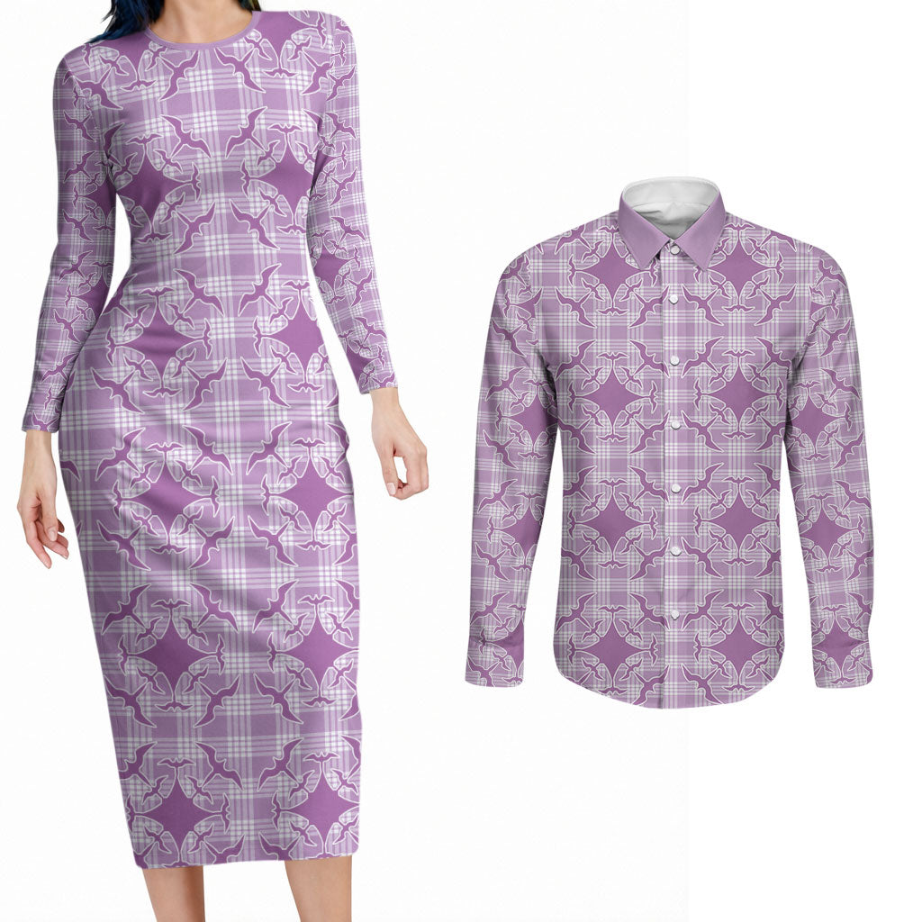 Poni Hawaii Iwa Bird Palaka Motifs Couples Matching Long Sleeve Bodycon Dress and Long Sleeve Button Shirt