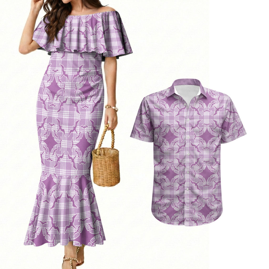 Poni Hawaii Iwa Bird Palaka Motifs Couples Matching Mermaid Dress and Hawaiian Shirt
