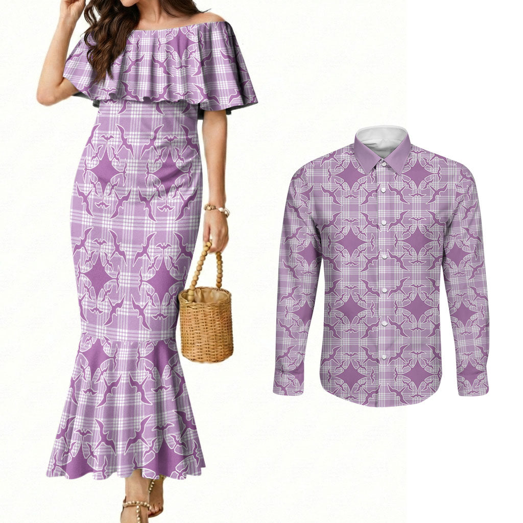 Poni Hawaii Iwa Bird Palaka Motifs Couples Matching Mermaid Dress and Long Sleeve Button Shirt