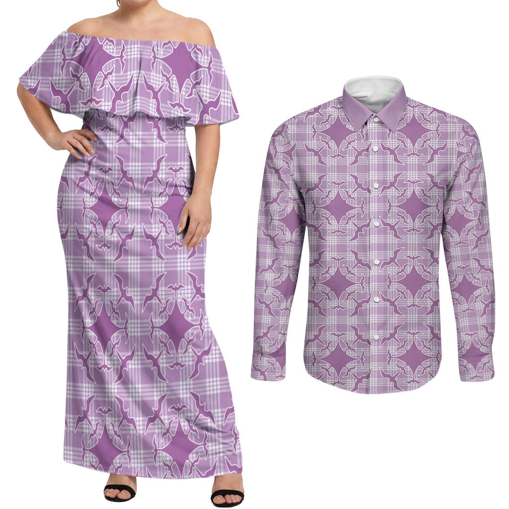 Poni Hawaii Iwa Bird Palaka Motifs Couples Matching Off Shoulder Maxi Dress and Long Sleeve Button Shirt