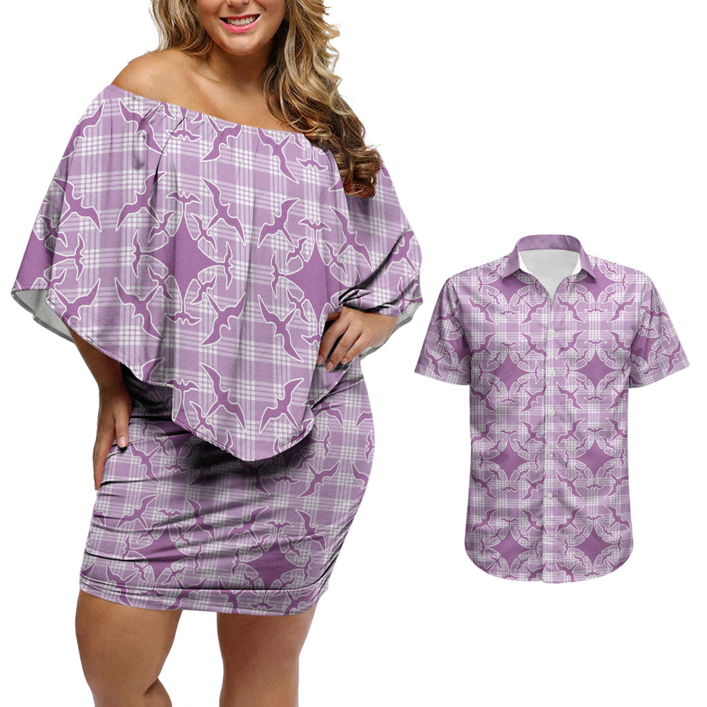 Poni Hawaii Iwa Bird Palaka Motifs Couples Matching Off Shoulder Short Dress and Hawaiian Shirt
