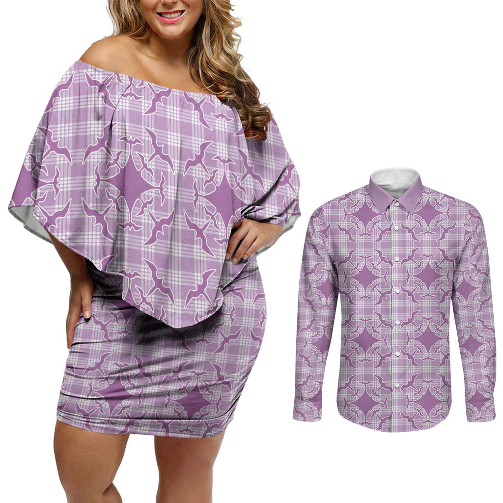 Poni Hawaii Iwa Bird Palaka Motifs Couples Matching Off Shoulder Short Dress and Long Sleeve Button Shirt