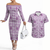 Poni Hawaii Iwa Bird Palaka Motifs Couples Matching Off The Shoulder Long Sleeve Dress and Hawaiian Shirt LT14 Purple - Polynesian Pride