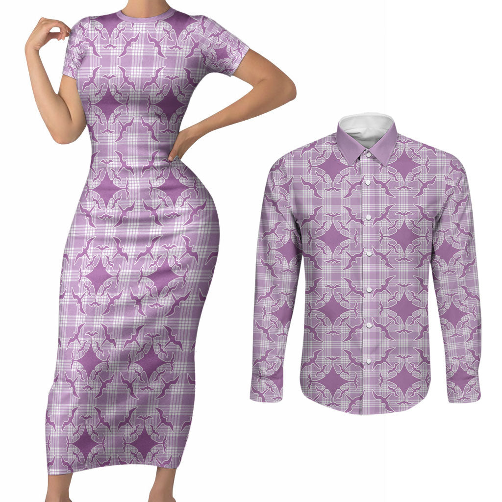 Poni Hawaii Iwa Bird Palaka Motifs Couples Matching Short Sleeve Bodycon Dress and Long Sleeve Button Shirt