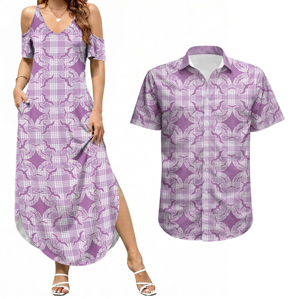 Poni Hawaii Iwa Bird Palaka Motifs Couples Matching Summer Maxi Dress and Hawaiian Shirt