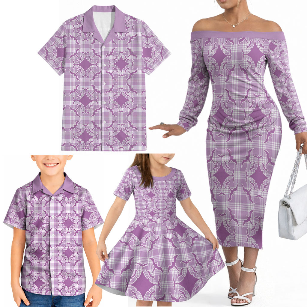 Poni Hawaii Iwa Bird Palaka Motifs Family Matching Off The Shoulder Long Sleeve Dress and Hawaiian Shirt