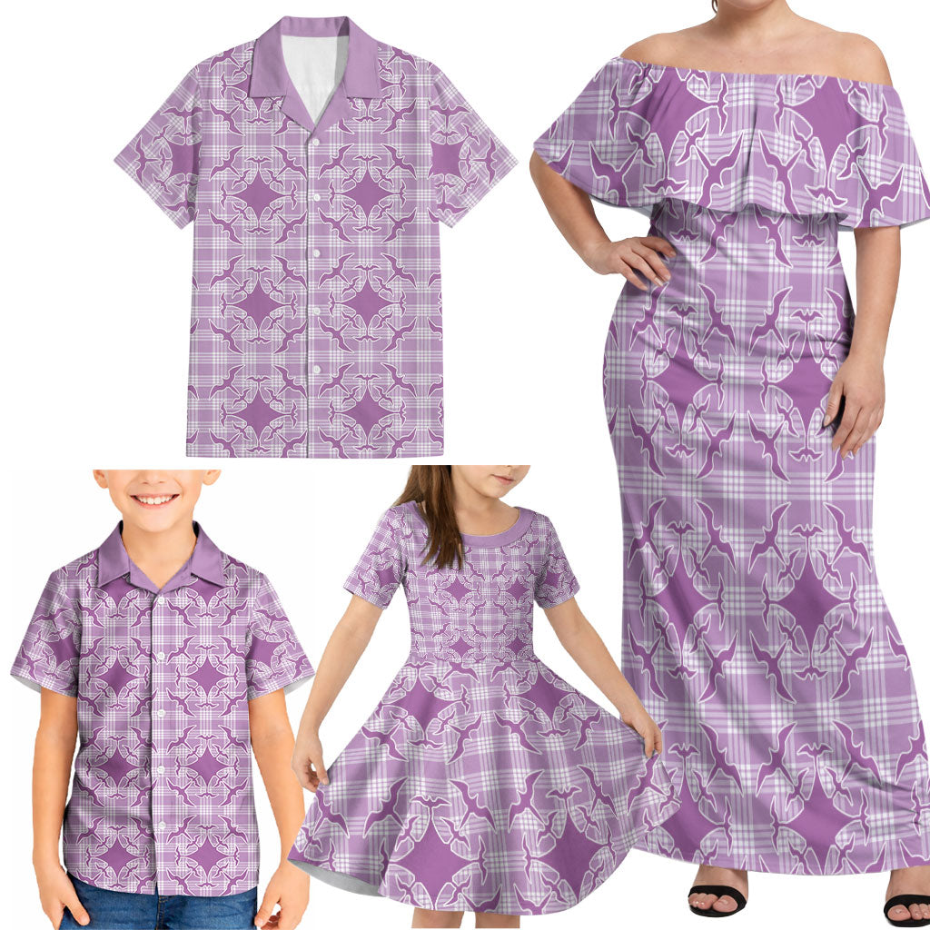 Poni Hawaii Iwa Bird Palaka Motifs Family Matching Off Shoulder Maxi Dress and Hawaiian Shirt