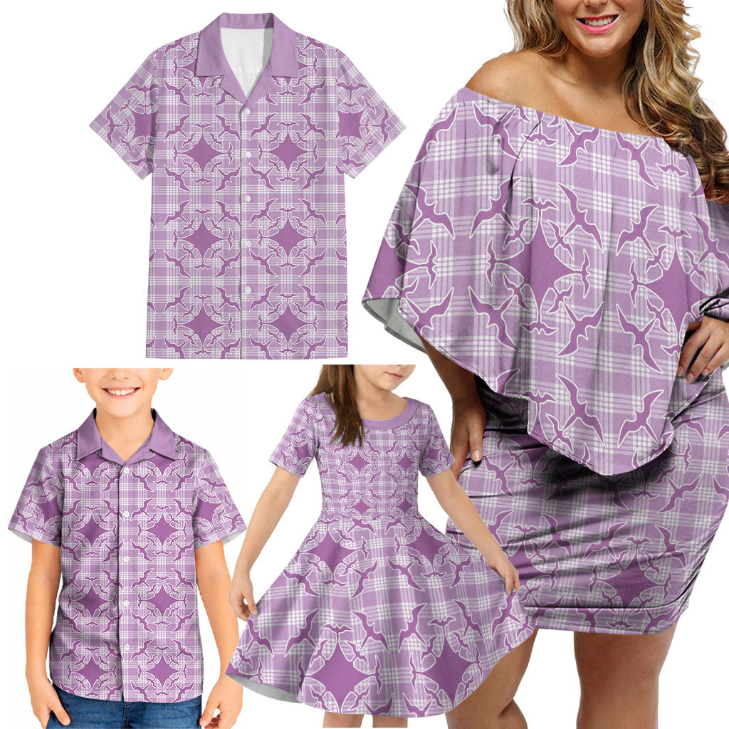 Poni Hawaii Iwa Bird Palaka Motifs Family Matching Off Shoulder Short Dress and Hawaiian Shirt
