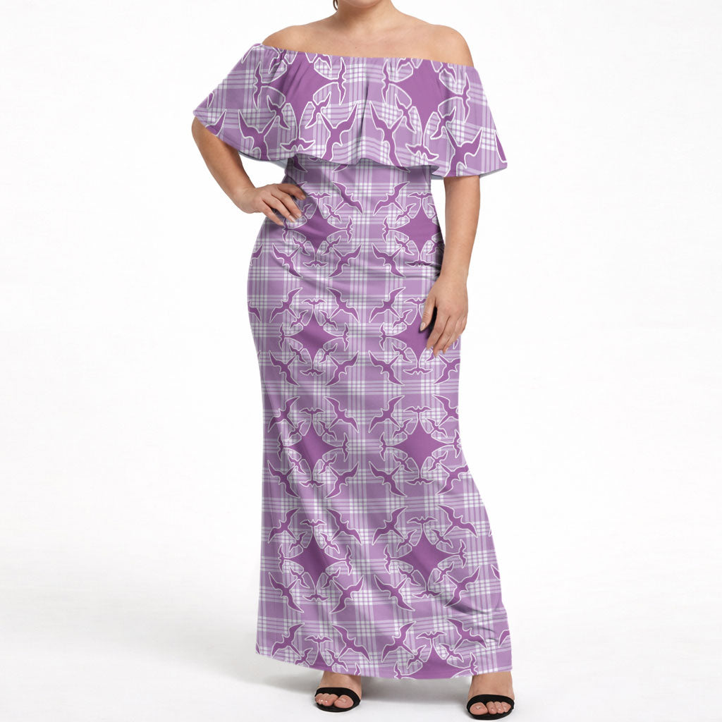 Poni Hawaii Iwa Bird Palaka Motifs Off Shoulder Maxi Dress