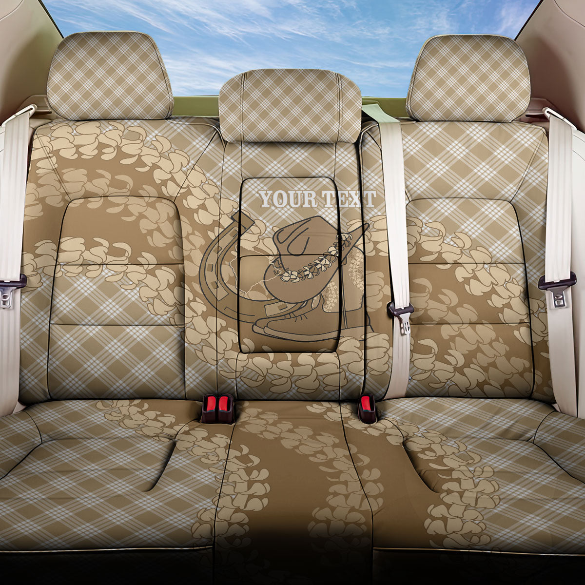 Makue Hawaii Cowboy Palaka Motifs Personalised Back Car Seat Cover Paniolo Festival Puakenikeni Lei