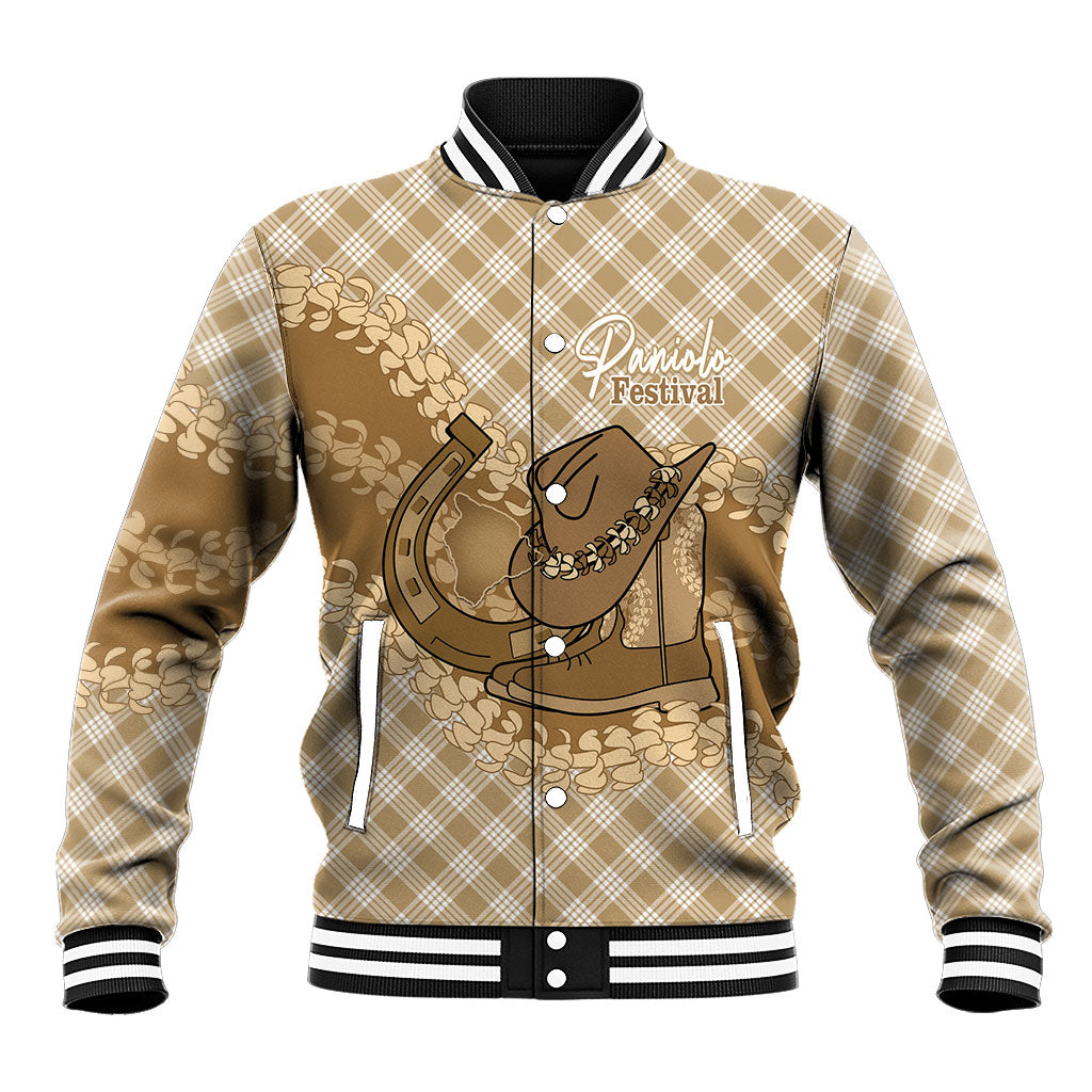 Makue Hawaii Cowboy Palaka Motifs Personalised Baseball Jacket Paniolo Festival Puakenikeni Lei