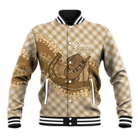 Makue Hawaii Cowboy Palaka Motifs Personalised Baseball Jacket Paniolo Festival Puakenikeni Lei LT14 Unisex Brown - Polynesian Pride