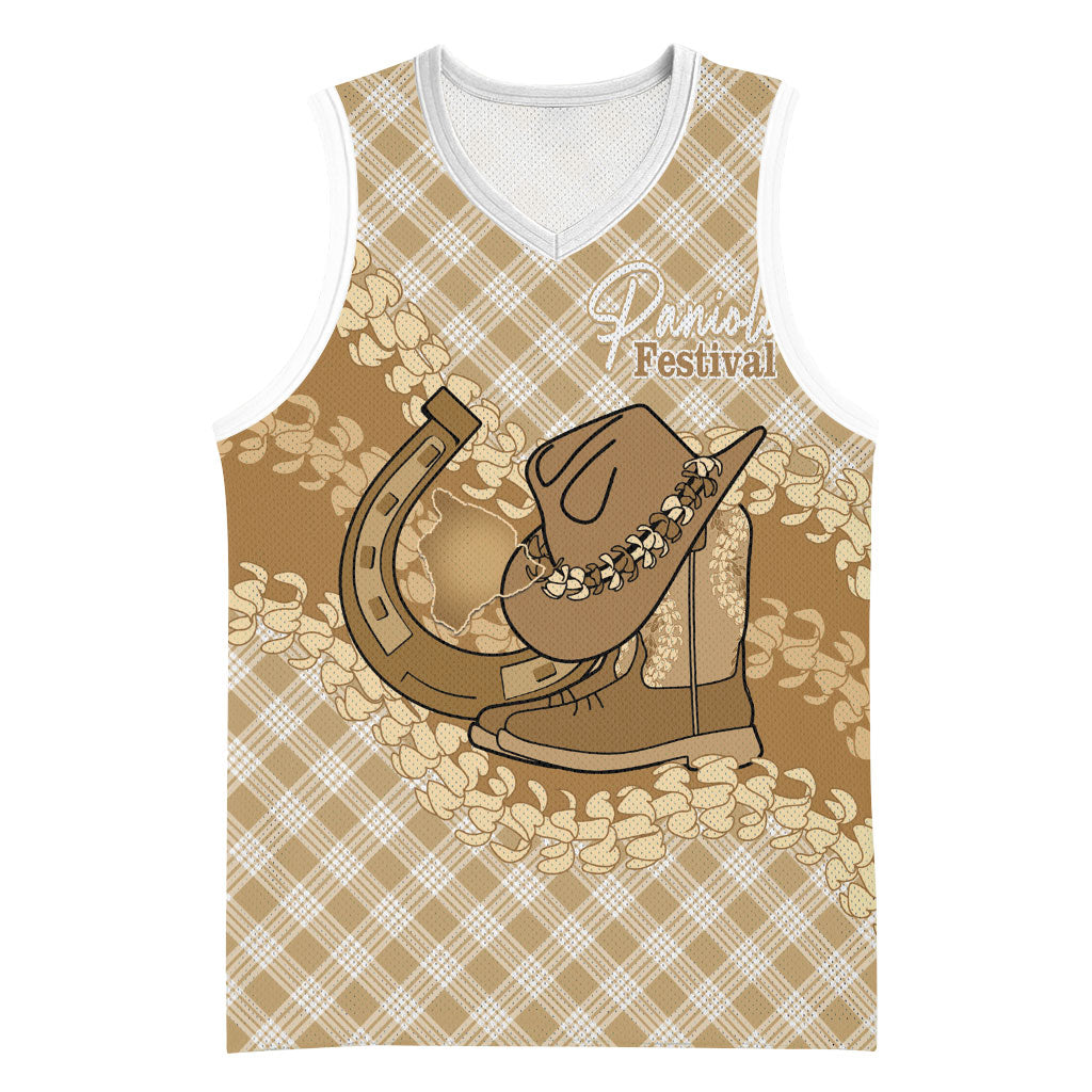 Makue Hawaii Cowboy Palaka Motifs Personalised Basketball Jersey Paniolo Festival Puakenikeni Lei