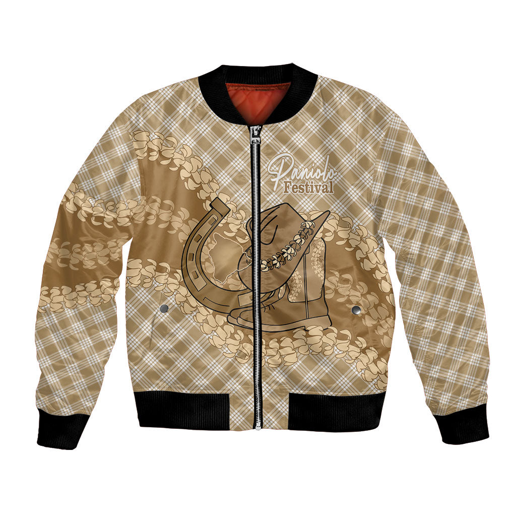 Makue Hawaii Cowboy Palaka Motifs Personalised Bomber Jacket Paniolo Festival Puakenikeni Lei
