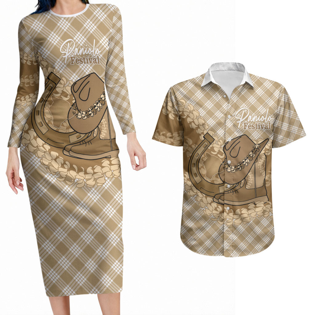 Makue Hawaii Cowboy Palaka Motifs Personalised Couples Matching Long Sleeve Bodycon Dress and Hawaiian Shirt Paniolo Festival Puakenikeni Lei