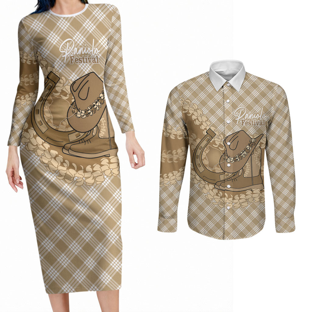 Makue Hawaii Cowboy Palaka Motifs Personalised Couples Matching Long Sleeve Bodycon Dress and Long Sleeve Button Shirt Paniolo Festival Puakenikeni Lei