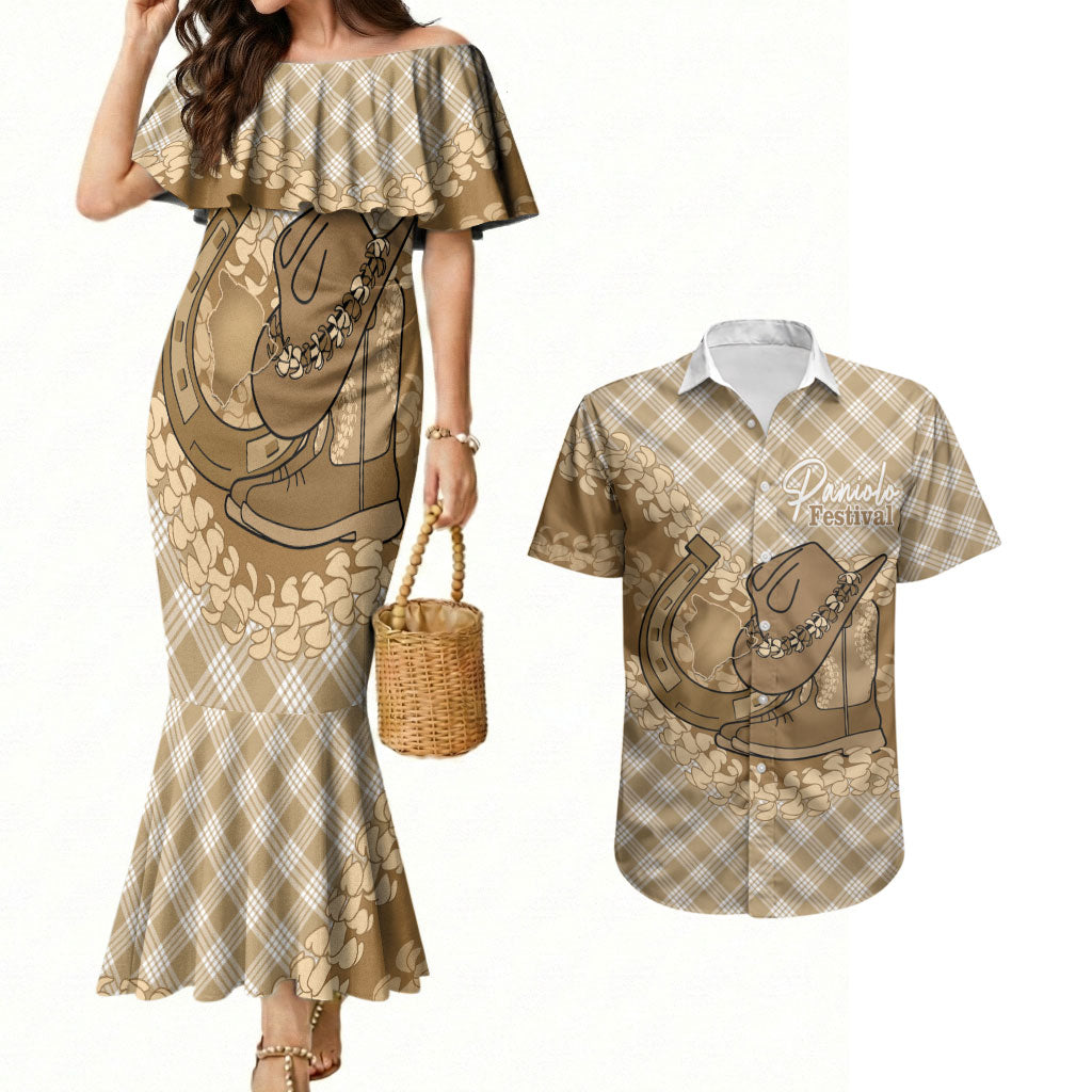 Makue Hawaii Cowboy Palaka Motifs Personalised Couples Matching Mermaid Dress and Hawaiian Shirt Paniolo Festival Puakenikeni Lei