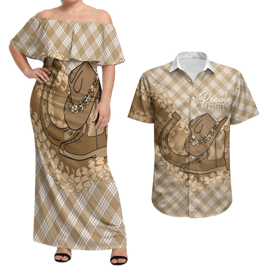 Makue Hawaii Cowboy Palaka Motifs Personalised Couples Matching Off Shoulder Maxi Dress and Hawaiian Shirt Paniolo Festival Puakenikeni Lei