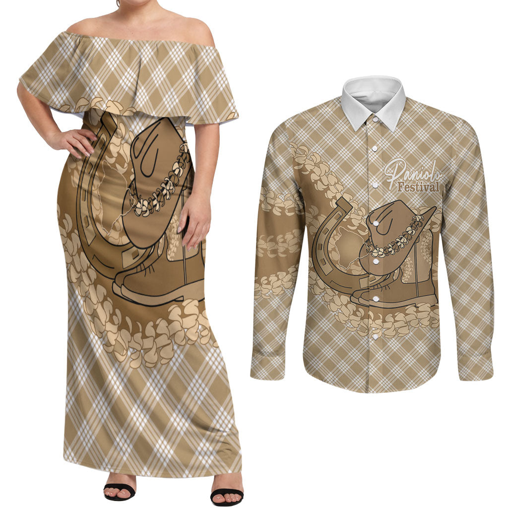 Makue Hawaii Cowboy Palaka Motifs Personalised Couples Matching Off Shoulder Maxi Dress and Long Sleeve Button Shirt Paniolo Festival Puakenikeni Lei