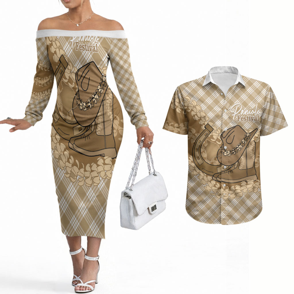 Makue Hawaii Cowboy Palaka Motifs Personalised Couples Matching Off The Shoulder Long Sleeve Dress and Hawaiian Shirt Paniolo Festival Puakenikeni Lei