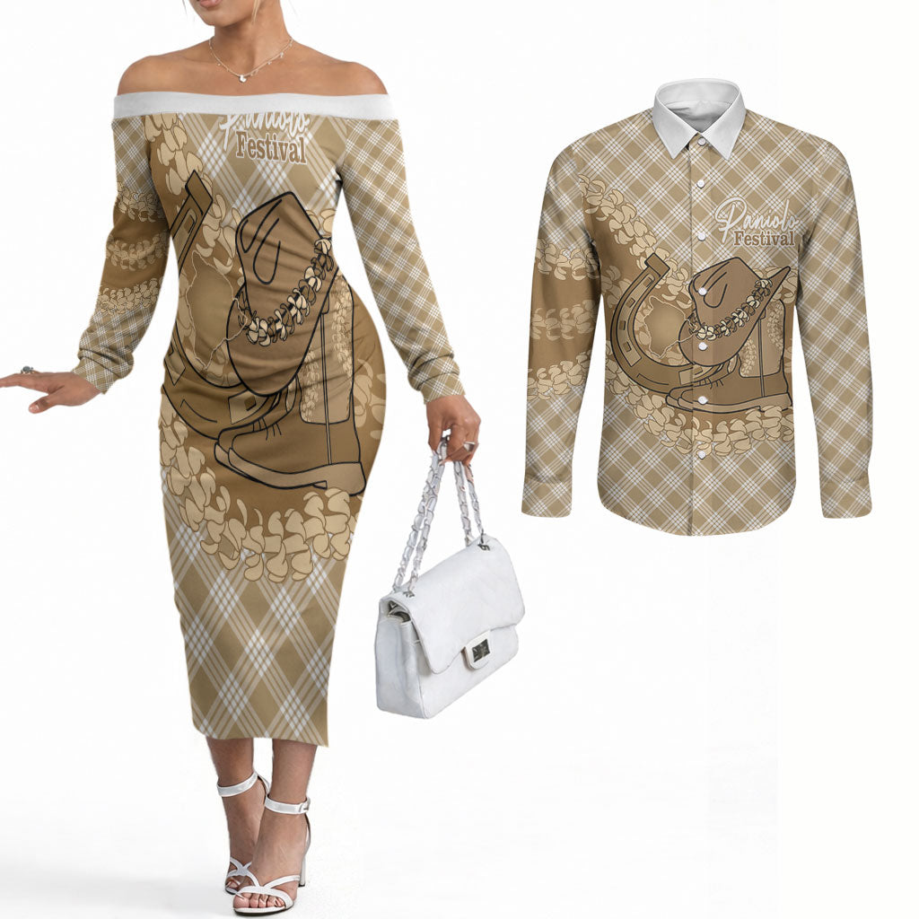 Makue Hawaii Cowboy Palaka Motifs Personalised Couples Matching Off The Shoulder Long Sleeve Dress and Long Sleeve Button Shirt Paniolo Festival Puakenikeni Lei