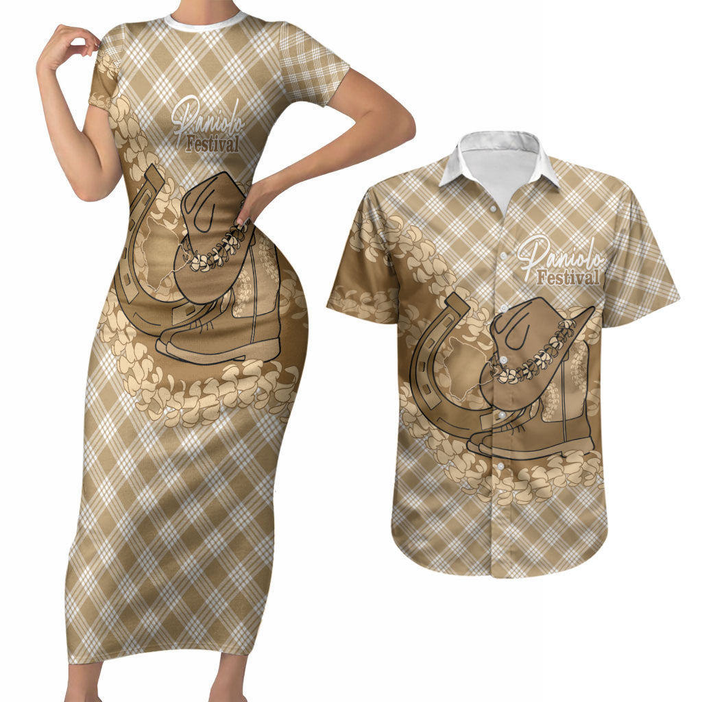 Makue Hawaii Cowboy Palaka Motifs Personalised Couples Matching Short Sleeve Bodycon Dress and Hawaiian Shirt Paniolo Festival Puakenikeni Lei