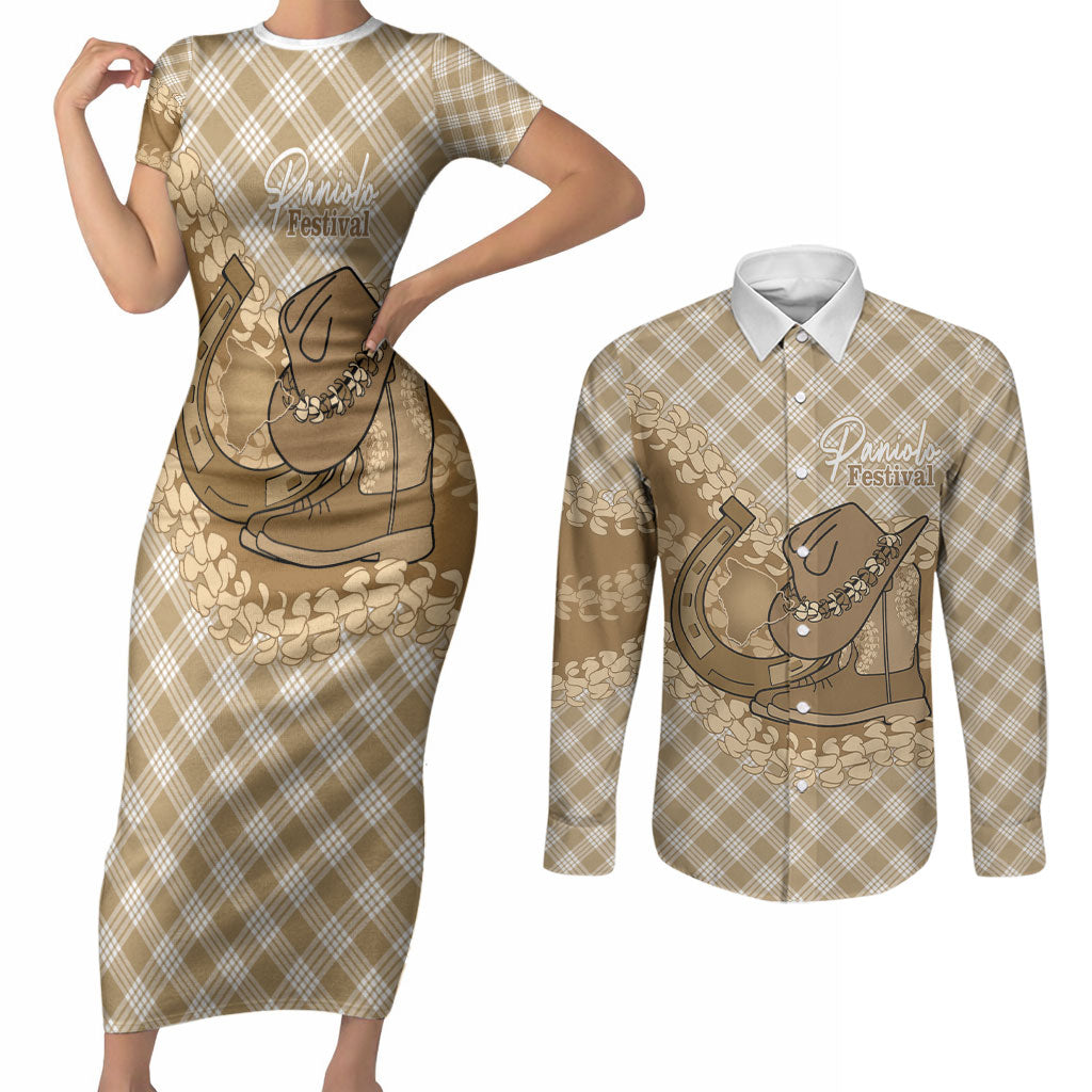 Makue Hawaii Cowboy Palaka Motifs Personalised Couples Matching Short Sleeve Bodycon Dress and Long Sleeve Button Shirt Paniolo Festival Puakenikeni Lei