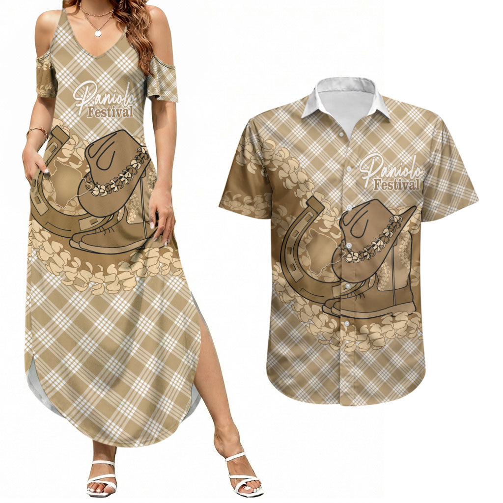 Makue Hawaii Cowboy Palaka Motifs Personalised Couples Matching Summer Maxi Dress and Hawaiian Shirt Paniolo Festival Puakenikeni Lei