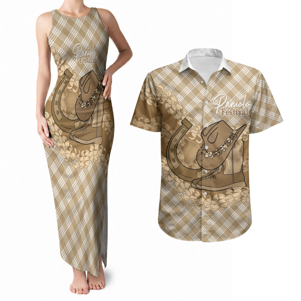 Makue Hawaii Cowboy Palaka Motifs Personalised Couples Matching Tank Maxi Dress and Hawaiian Shirt Paniolo Festival Puakenikeni Lei
