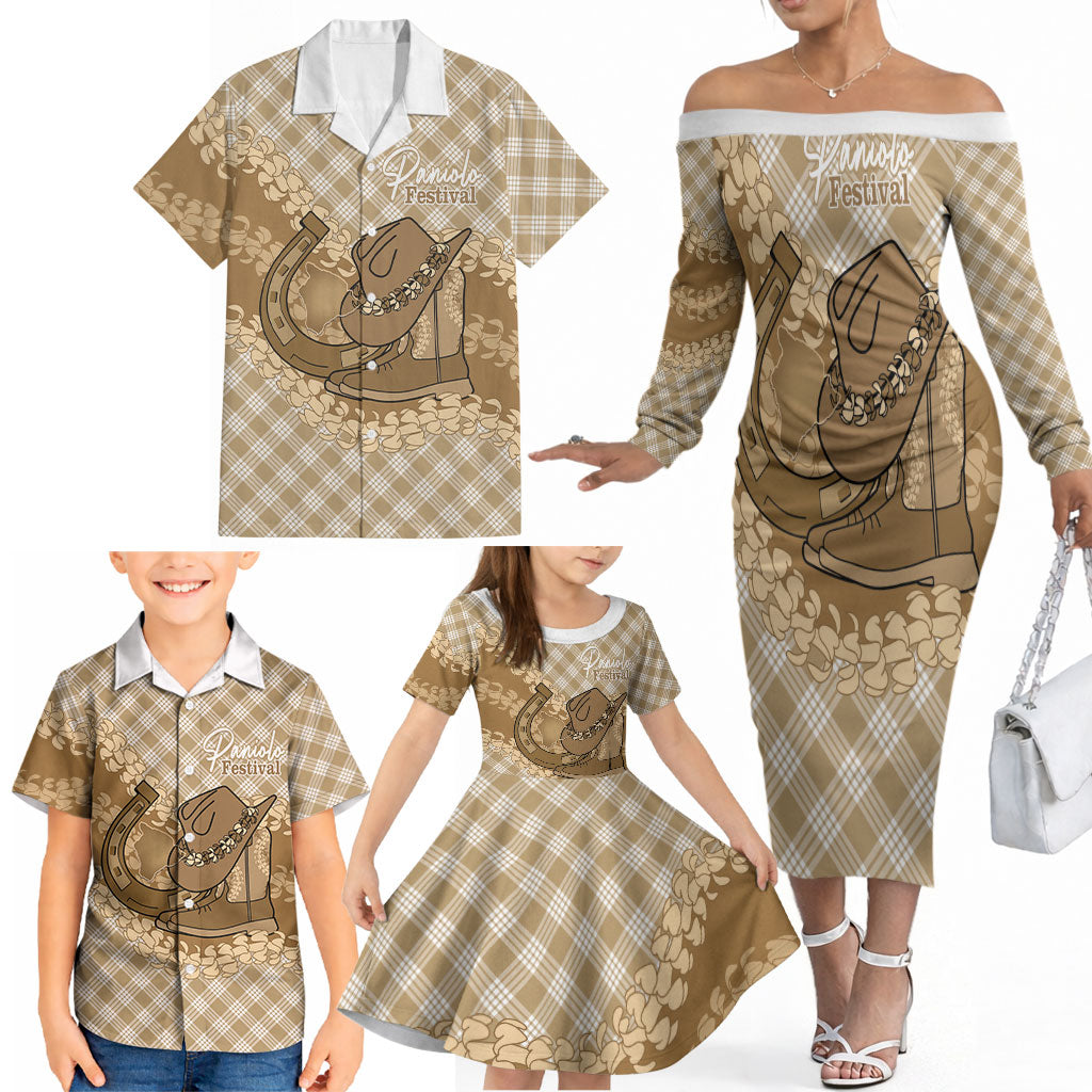 Makue Hawaii Cowboy Palaka Motifs Personalised Family Matching Off The Shoulder Long Sleeve Dress and Hawaiian Shirt Paniolo Festival Puakenikeni Lei LT14 - Polynesian Pride