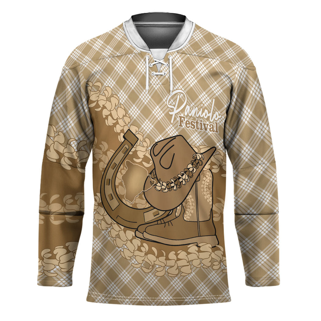 Makue Hawaii Cowboy Palaka Motifs Personalised Hockey Jersey Paniolo Festival Puakenikeni Lei
