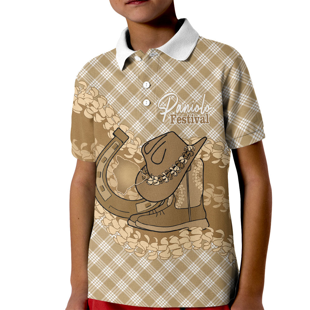 Makue Hawaii Cowboy Palaka Motifs Personalised Kid Polo Shirt Paniolo Festival Puakenikeni Lei