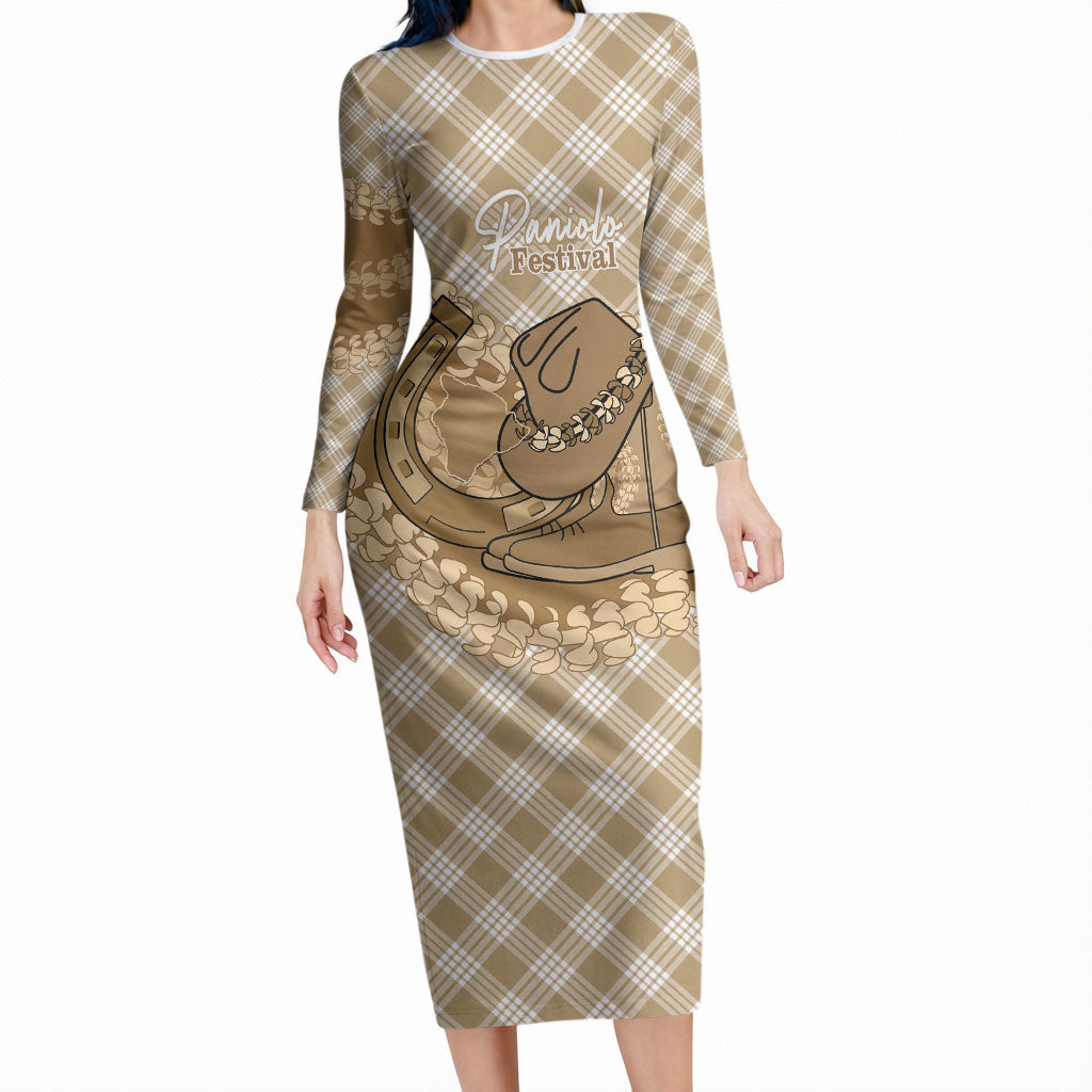 Makue Hawaii Cowboy Palaka Motifs Personalised Long Sleeve Bodycon Dress Paniolo Festival Puakenikeni Lei