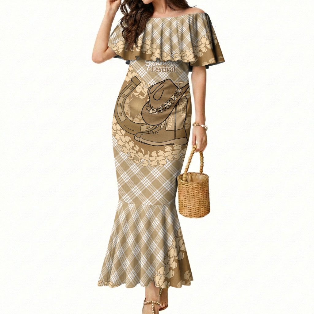 Makue Hawaii Cowboy Palaka Motifs Personalised Mermaid Dress Paniolo Festival Puakenikeni Lei
