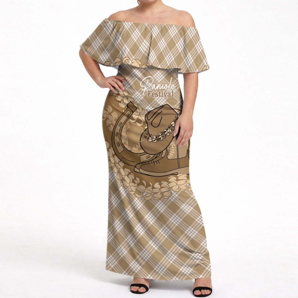 Makue Hawaii Cowboy Palaka Motifs Personalised Off Shoulder Maxi Dress Paniolo Festival Puakenikeni Lei