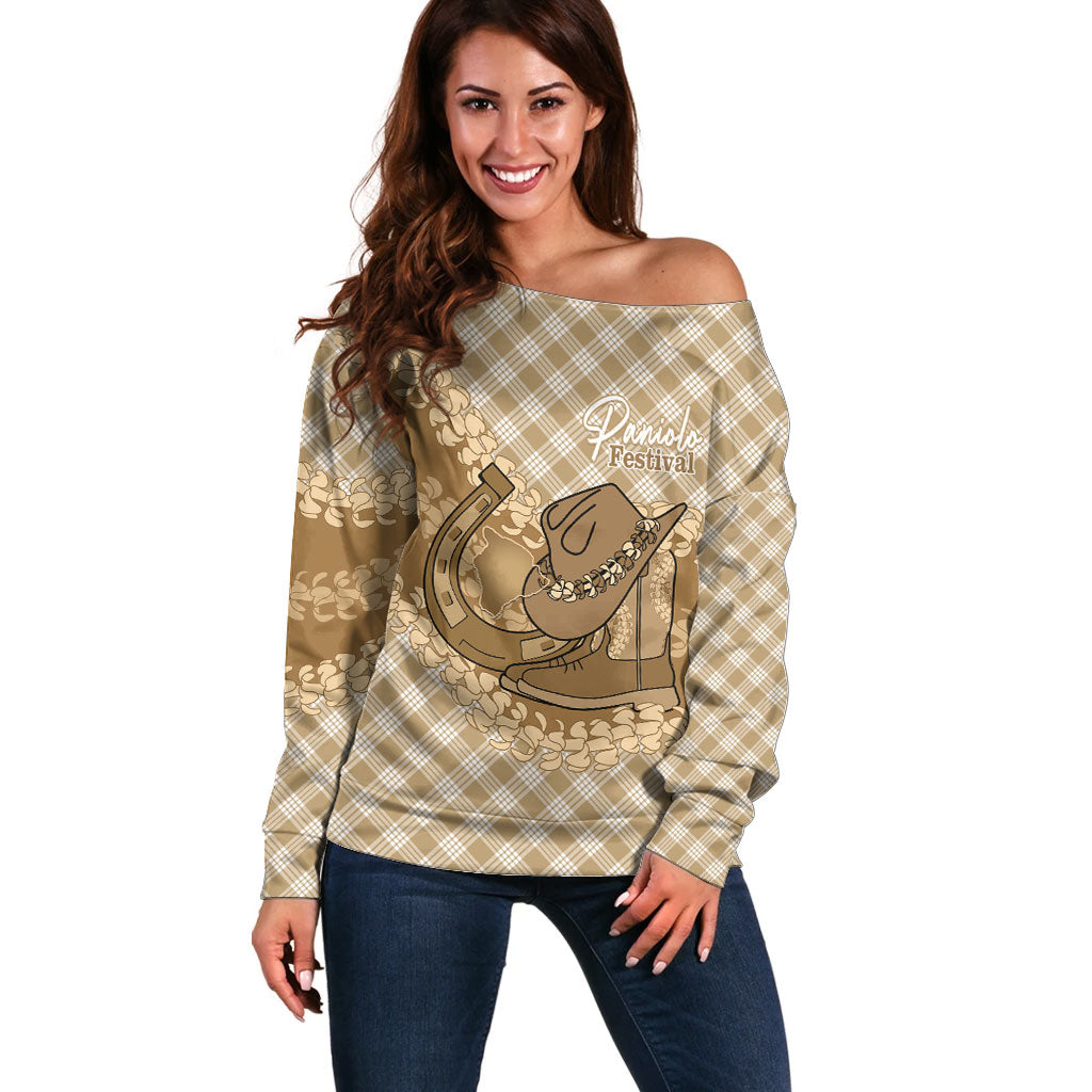 Makue Hawaii Cowboy Palaka Motifs Personalised Off Shoulder Sweater Paniolo Festival Puakenikeni Lei