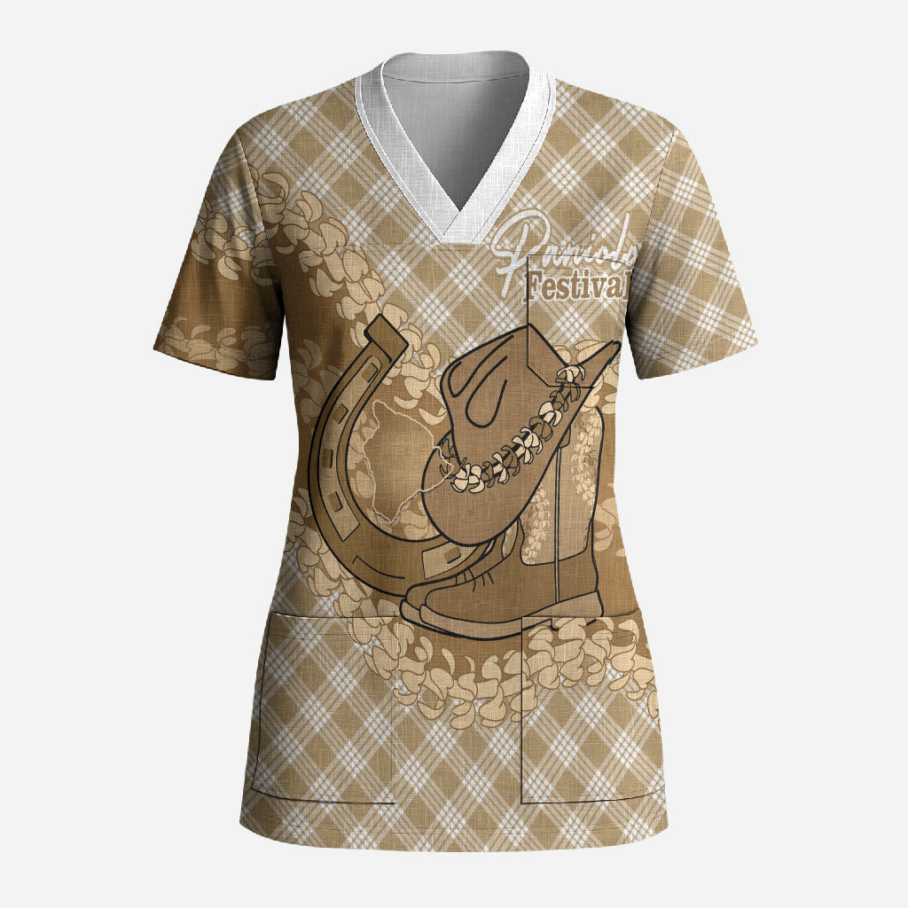 Makue Hawaii Cowboy Palaka Motifs Personalised Scrub Top Paniolo Festival Puakenikeni Lei