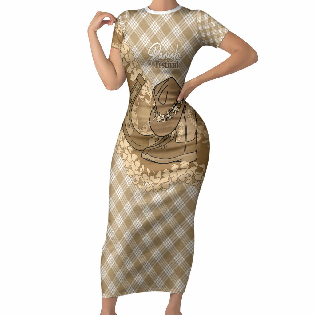 Makue Hawaii Cowboy Palaka Motifs Personalised Short Sleeve Bodycon Dress Paniolo Festival Puakenikeni Lei